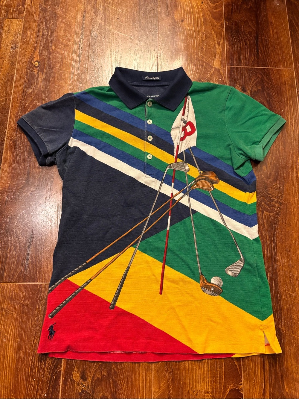Ralph Lauren Golf Womens S Tailored Fit Polo Golf Clubs Flag Graphic Colorblock